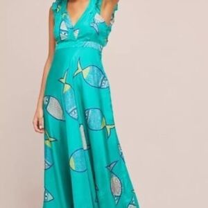 Anthropologie Anupamaa Turquoise Silk Fish Print Maxi Dress Size 0